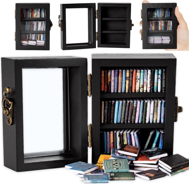 TABTAG Anxiety Bookshelf Mini Book Micro Display Stand a Miniature Library Equipped with 60 Mini - Books is an Ideal Decorative Gift for Book Enthusiasts (Black) - Image 1